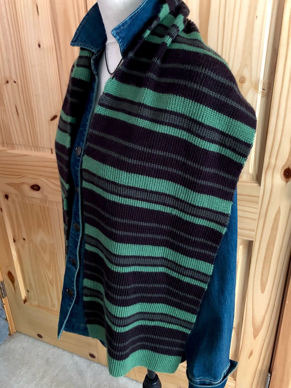 Vintage Nautica Preppy Academia Green Black Striped Scarf Y2K Wool Blend